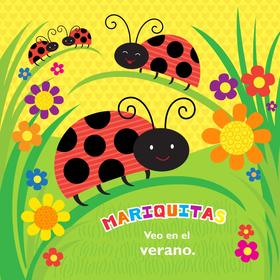 Story page: 'Mariquitas veo en el verano' (ladybugs I see in summer), with four ladybugs on blades of grass
