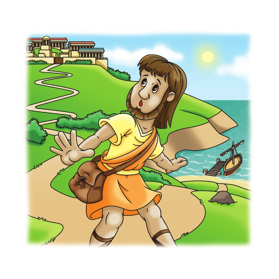 Opening story illustration showing Jonah looking back toward a hilltop city, with a boat near the shore