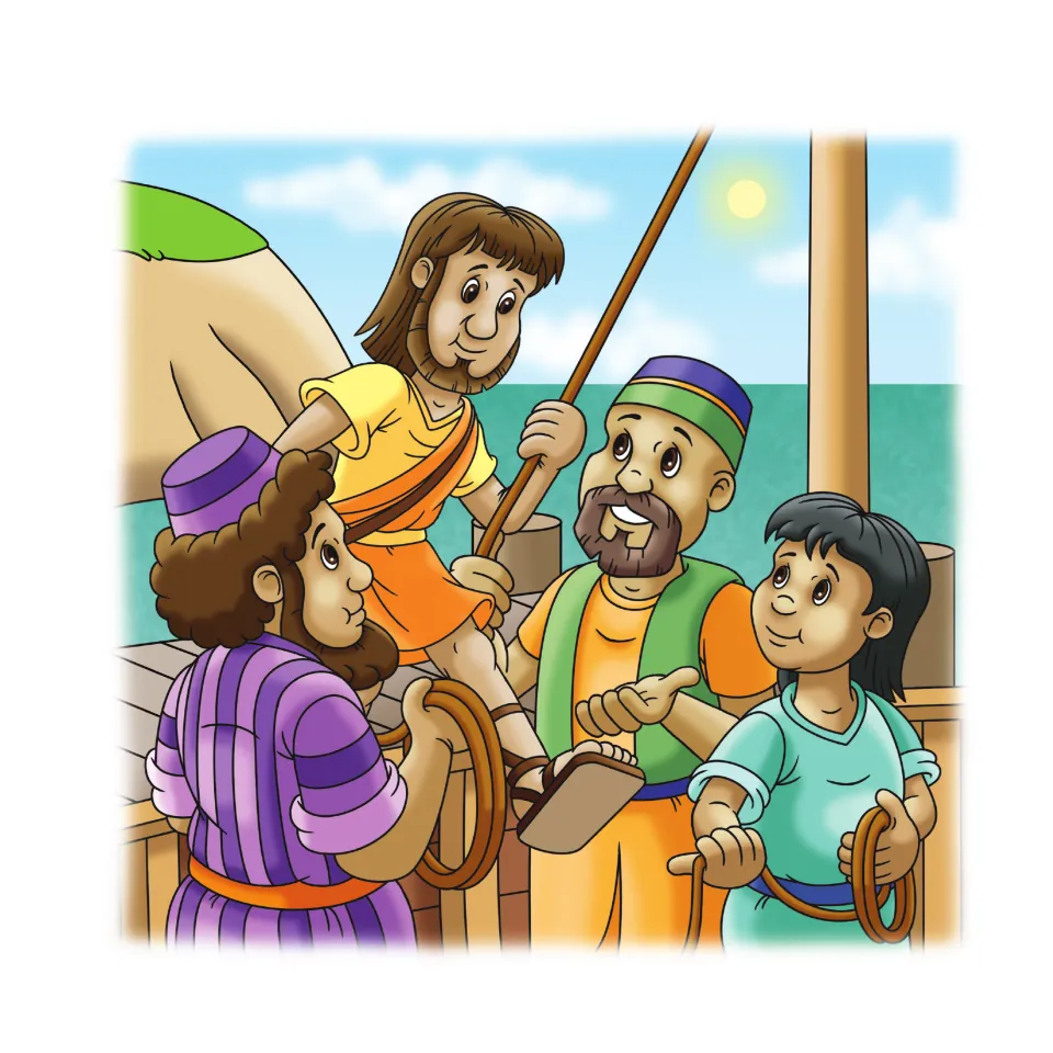 Story illustration showing Jonah boarding a wooden boat with three sailors as he begins his escape
