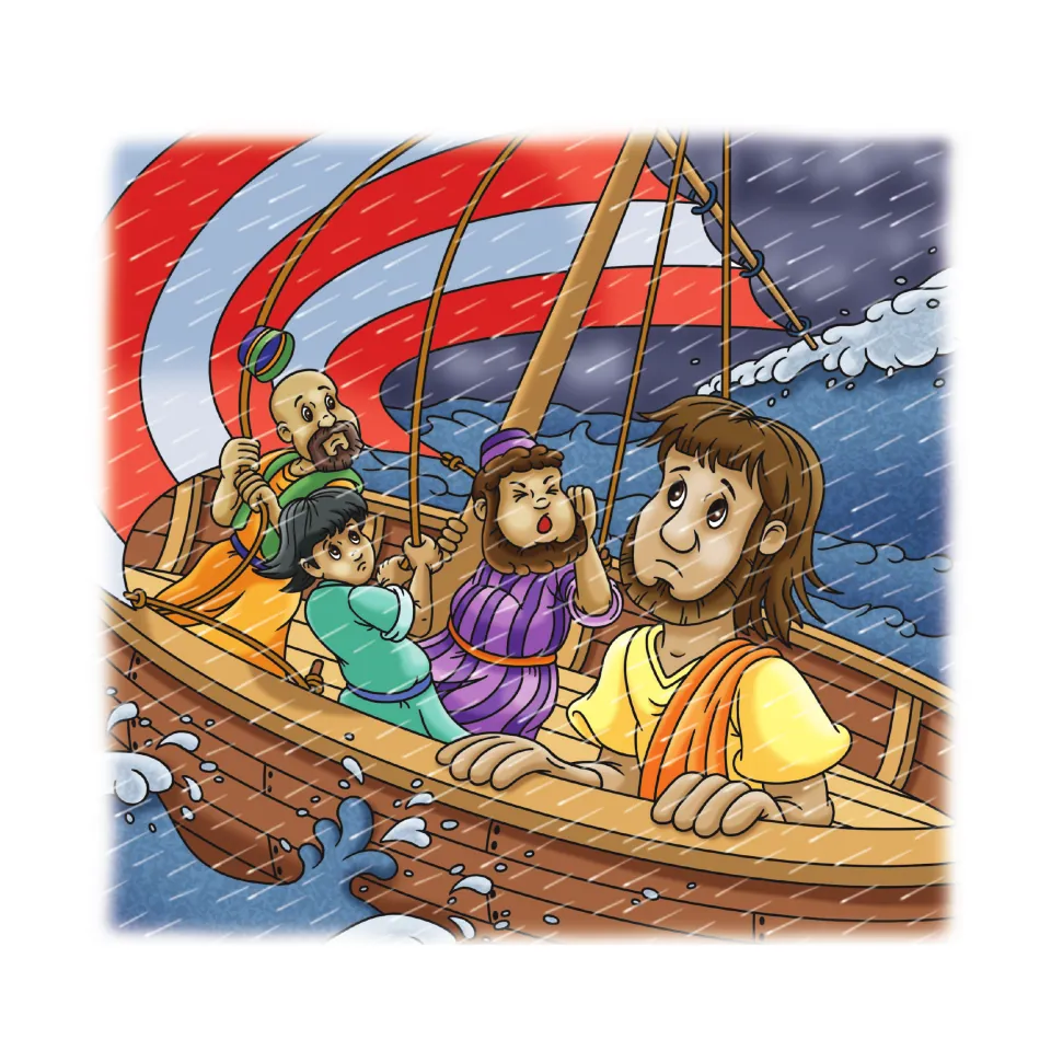 Story illustration showing Jonah and three frightened sailors aboard their boat during a rainstorm at sea