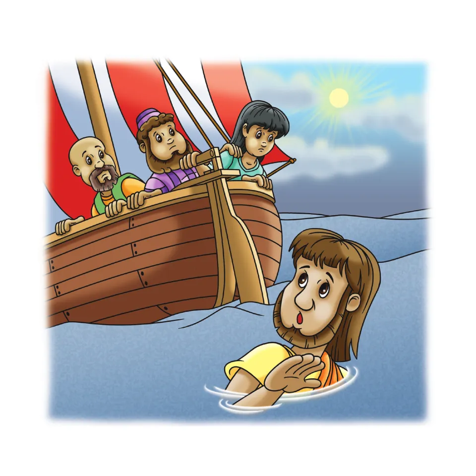 Story illustration showing Jonah in the sea beside the boat while three sailors look down at him