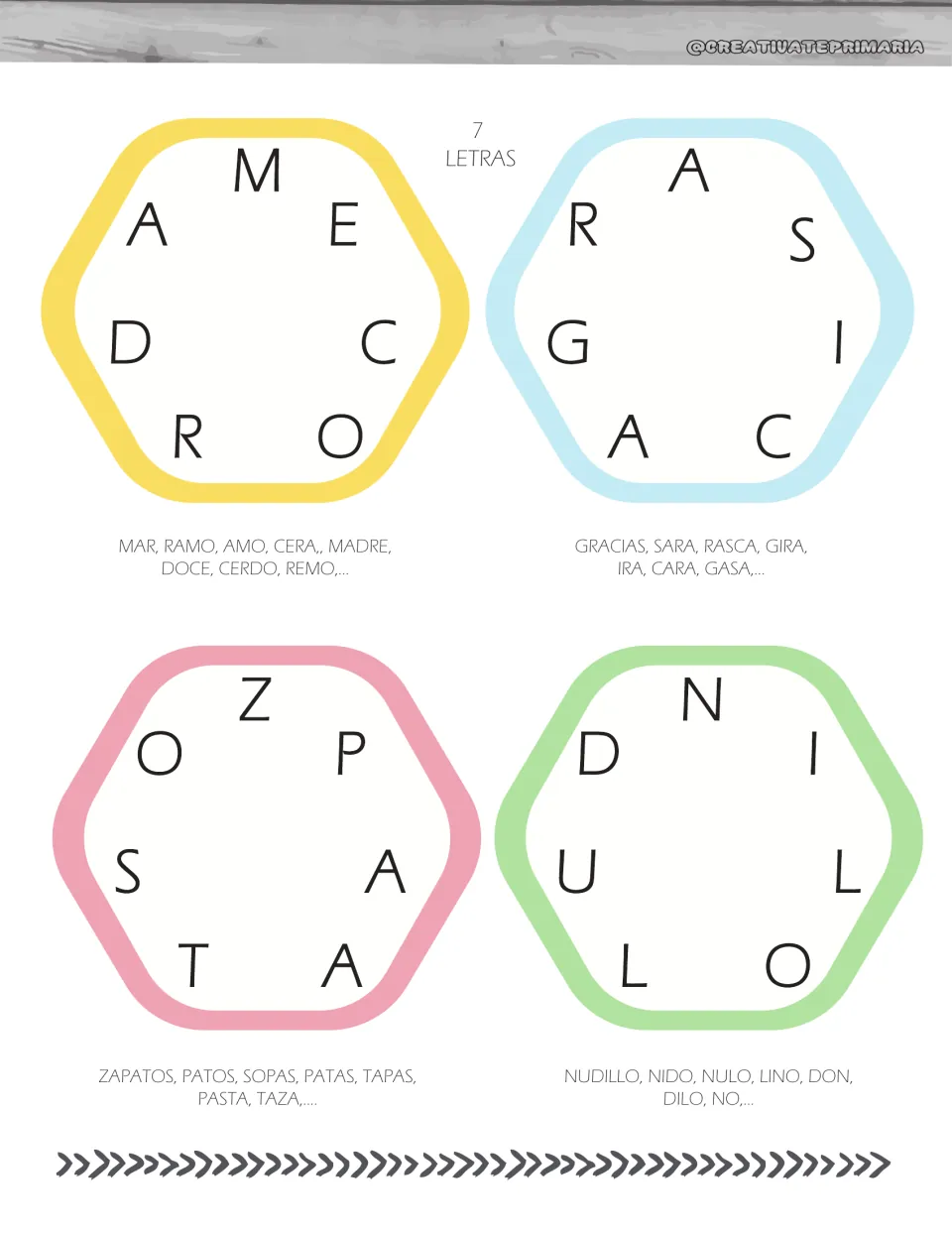Word-building cards 1–4 use seven letters each, with examples madre (mother), gracias (thanks), and zapatos (shoes)