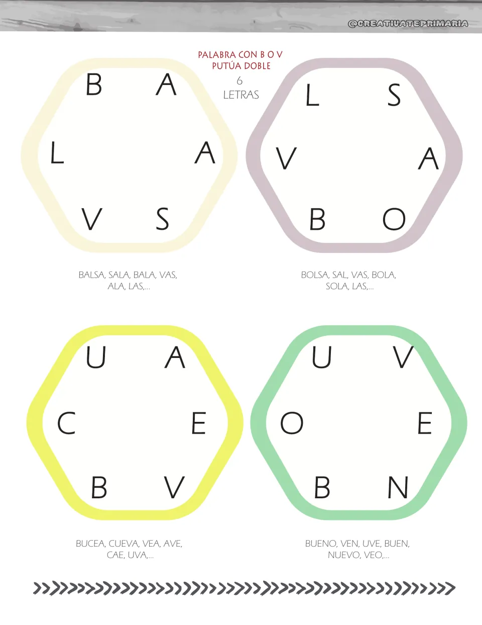 Word-building cards 9–12 use six letters and double points for B or V words, such as bolsa (bag) and uva (grape)