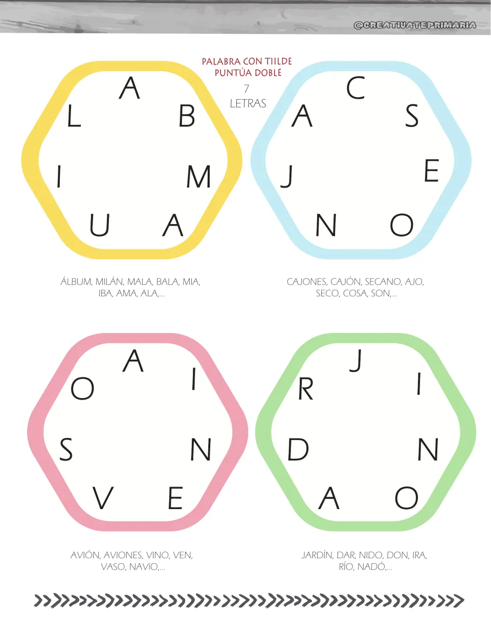 Word-building cards 17–20 use seven letters and double points for accented words, such as avión (airplane)