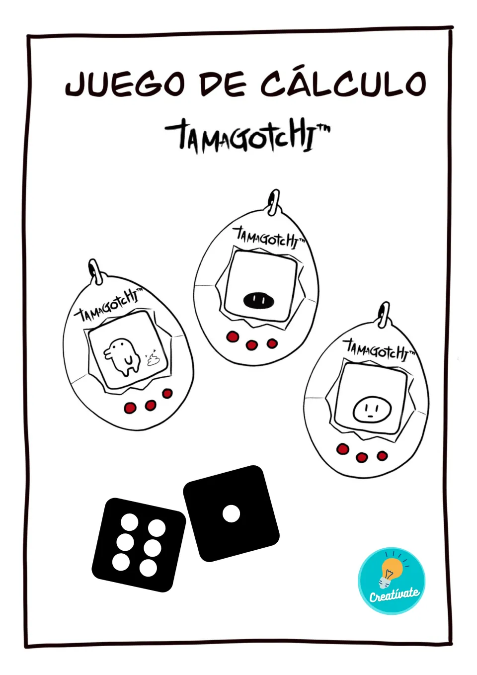 Juego de cálculo cover: a Spanish mental math dice game shown with three Tamagotchi toys and two dice