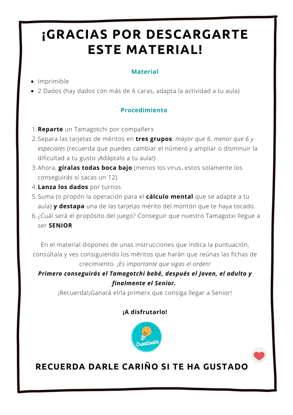 Spanish game instructions: materials and six steps for rolling two dice, adding and turning merit cards to grow a pet