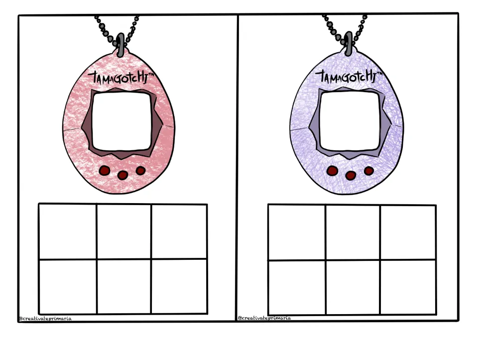 Pink marbled and lilac pet boards where students place stage cards in six spaces as their character grows up