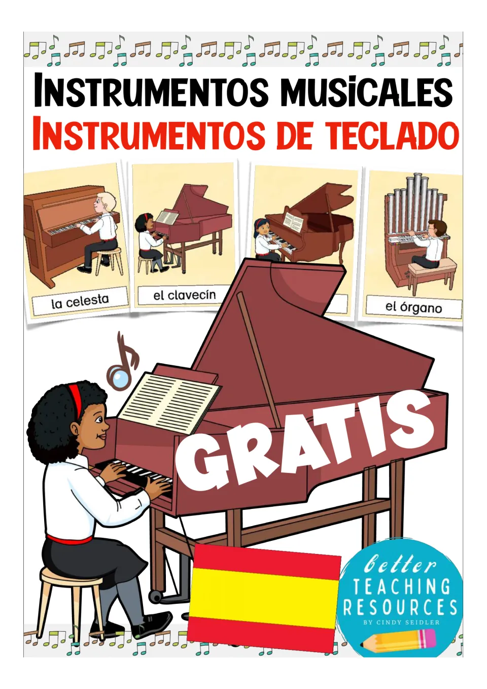 Cover of Instrumentos musicales: Instrumentos de teclado, free Spanish picture cards of celesta, harpsichord, piano, organ