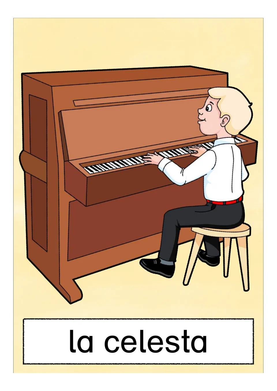 Spanish vocabulary card 'la celesta': a boy plays a wooden keyboard instrument while seated on a stool, for naming it