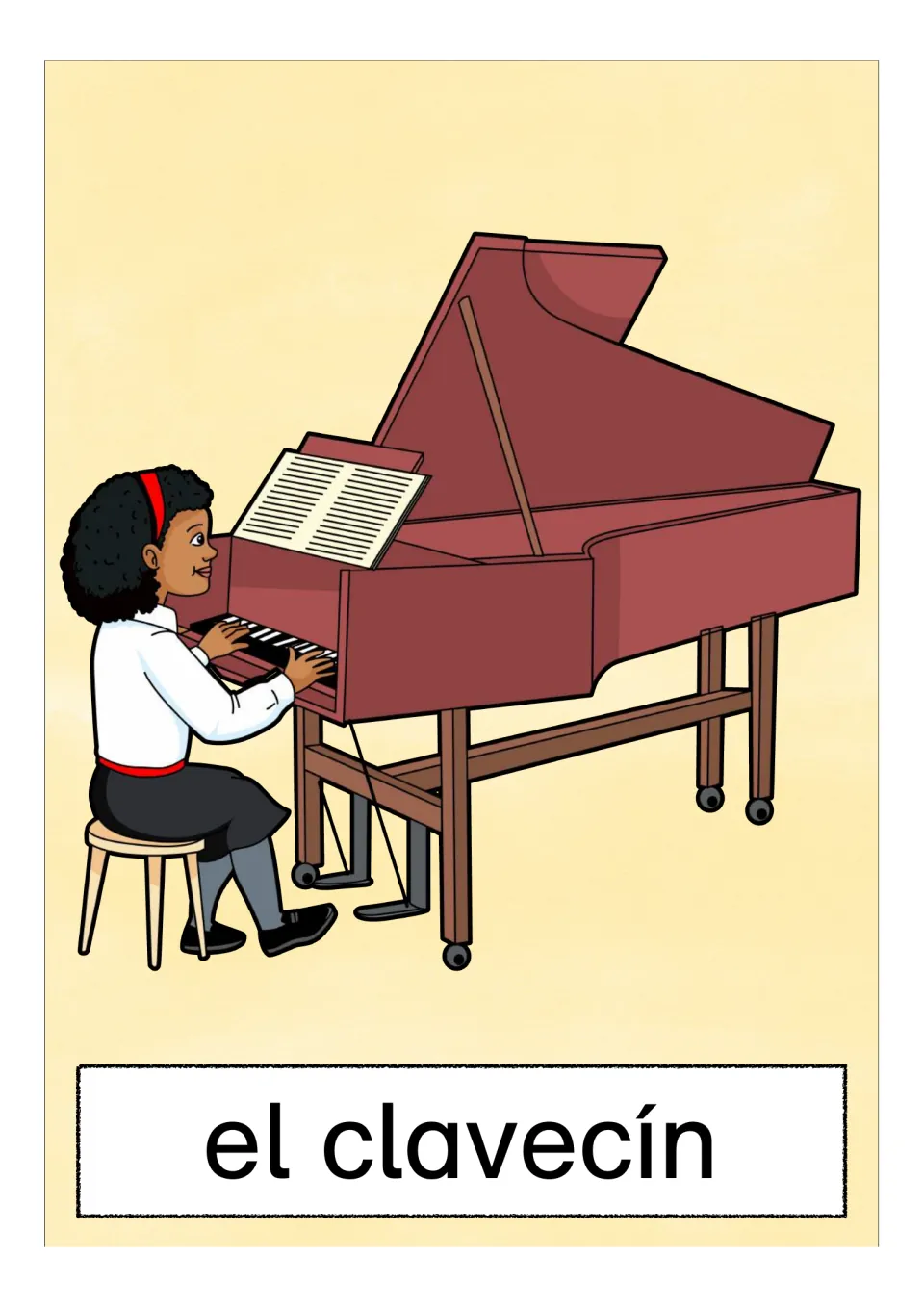 Spanish vocabulary card 'el clavecín' showing a girl playing a red harpsichord with sheet music, for naming instruments