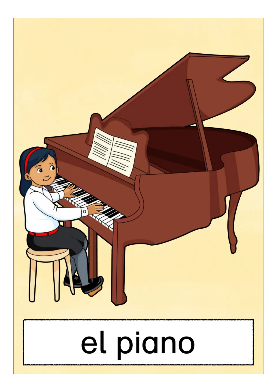 Spanish vocabulary card 'el piano' showing a girl at a brown grand piano with its lid open, for naming keyboard instruments