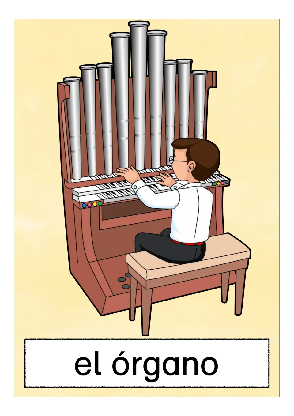 Spanish vocabulary card 'el órgano' showing a boy on a bench playing a pipe organ with tall silver pipes, for word recall