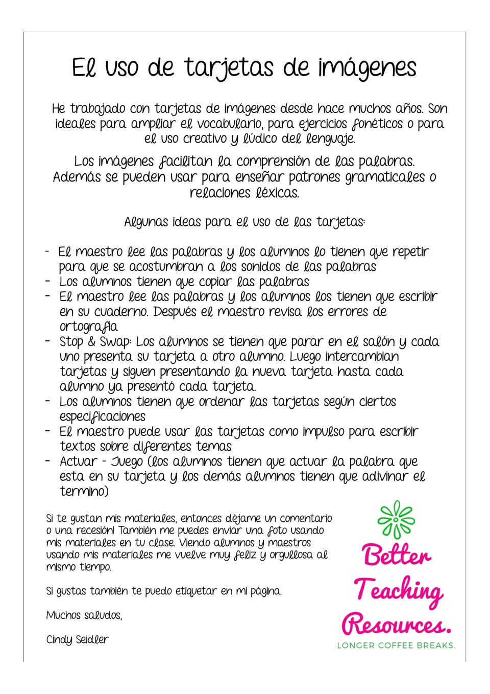 Teacher notes in Spanish, El uso de tarjetas de imágenes: ideas such as repeating, copying, dictation, Stop & Swap, acting
