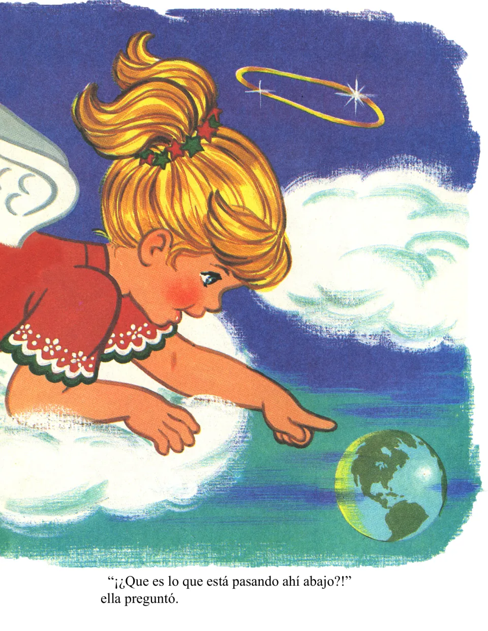 Spanish story page shows the little angel pointing toward Earth and asking what is happening down below