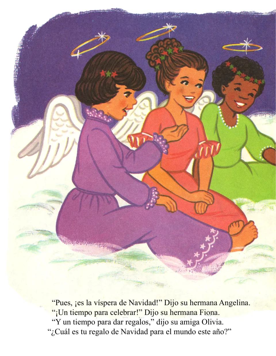 Spanish story page has Angelina, Fiona, and Olivia explain Christmas Eve and ask about the angel's gift