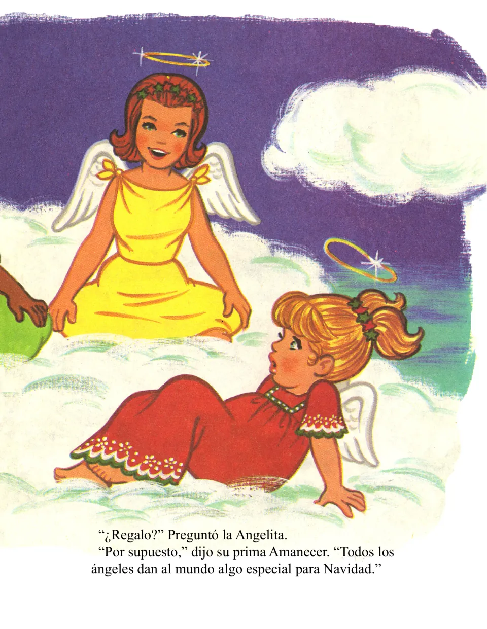 Spanish story page has cousin Amanecer explain that all angels give the world something special for Christmas