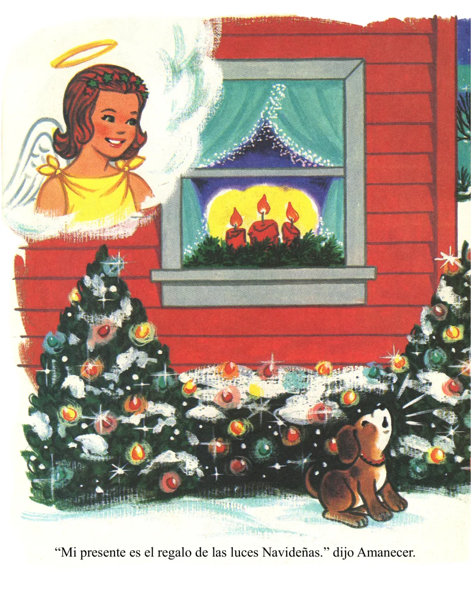 Spanish story page presents Amanecer's gift of Christmas lights through candles and illuminated shrubs