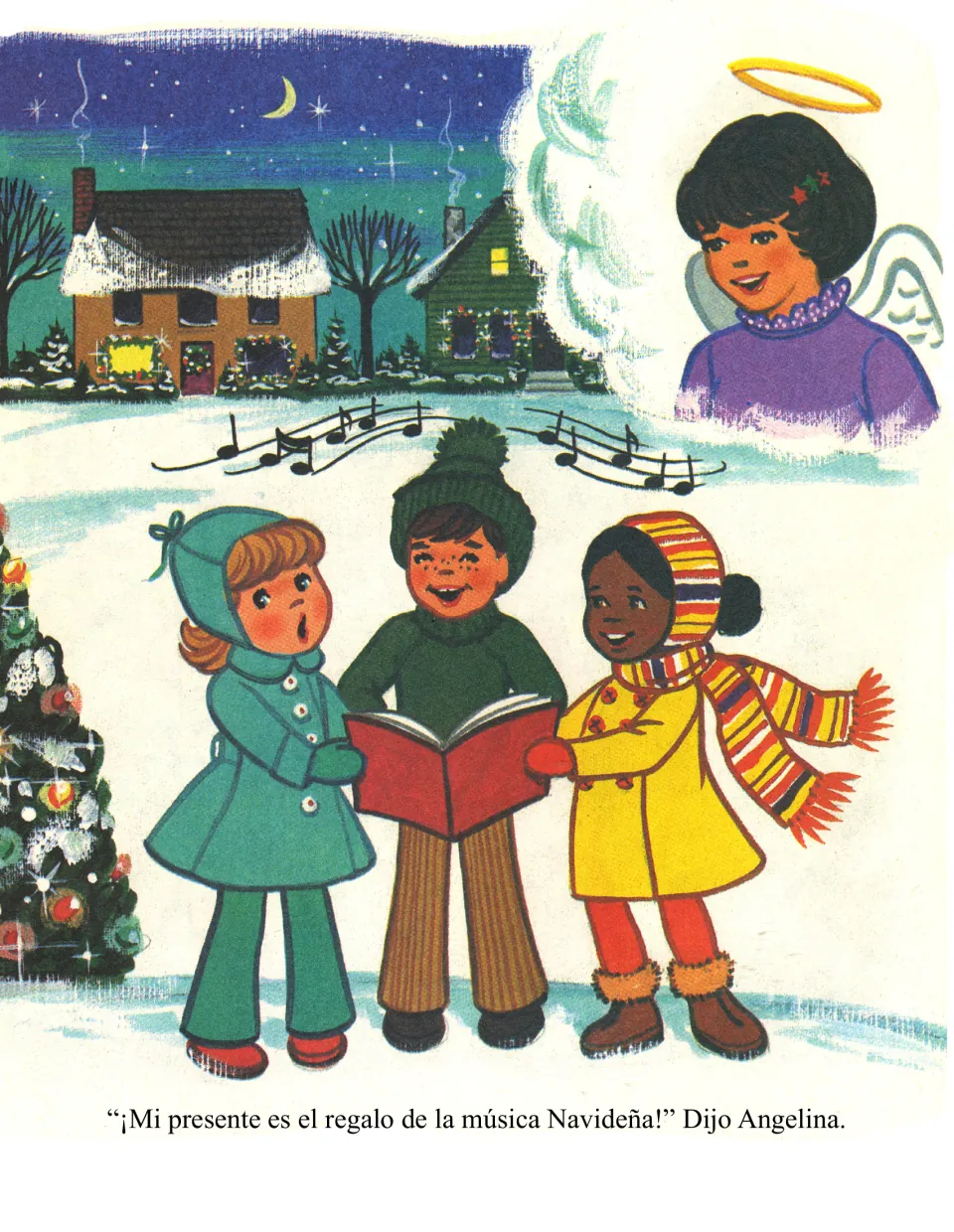 Spanish story page presents Angelina's gift of Christmas music, illustrated by three children singing