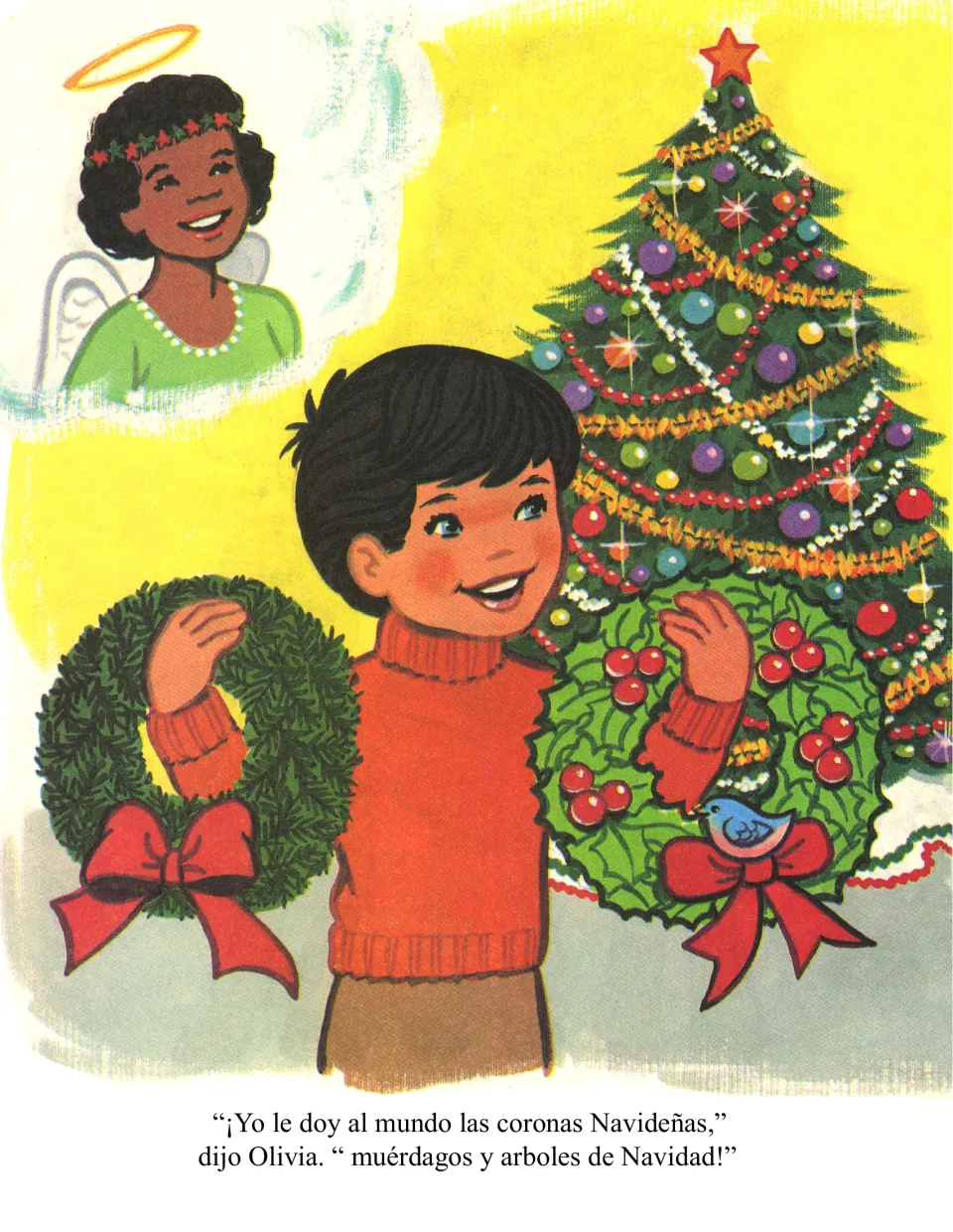 Spanish story page names Olivia's gifts of Christmas wreaths, mistletoe, and trees beside a boy holding wreaths