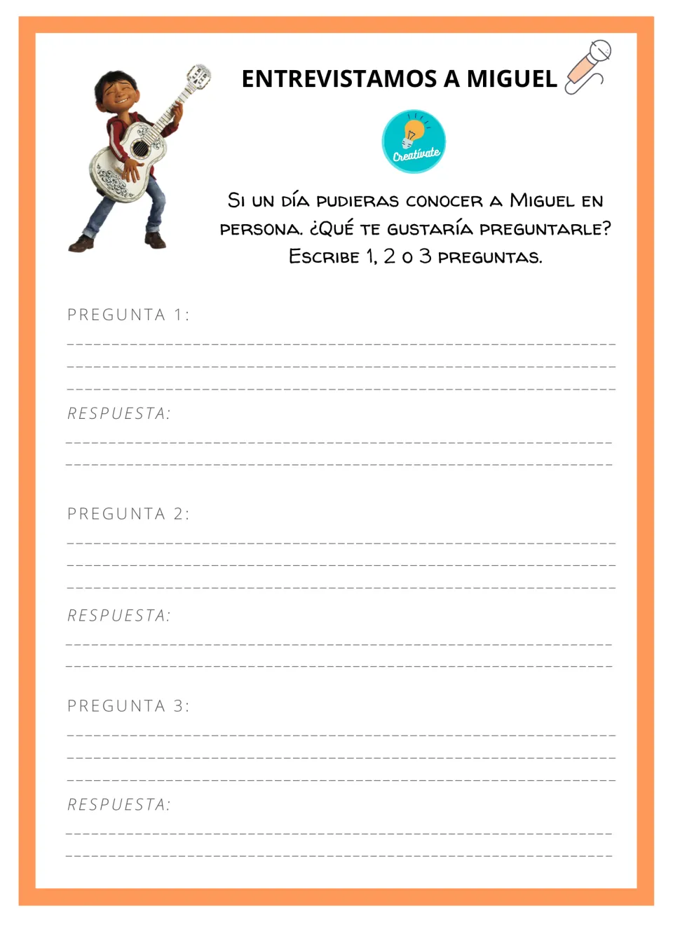 Spanish interview sheet for Miguel from Coco, asking students to write one, two, or three questions and answers.