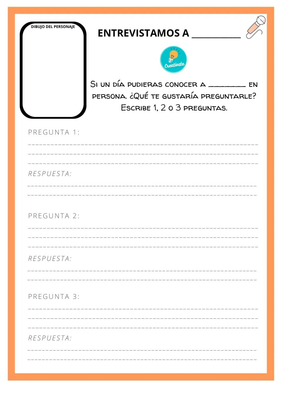 Spanish interview template asks students to draw a chosen person and write up to three questions and answers.