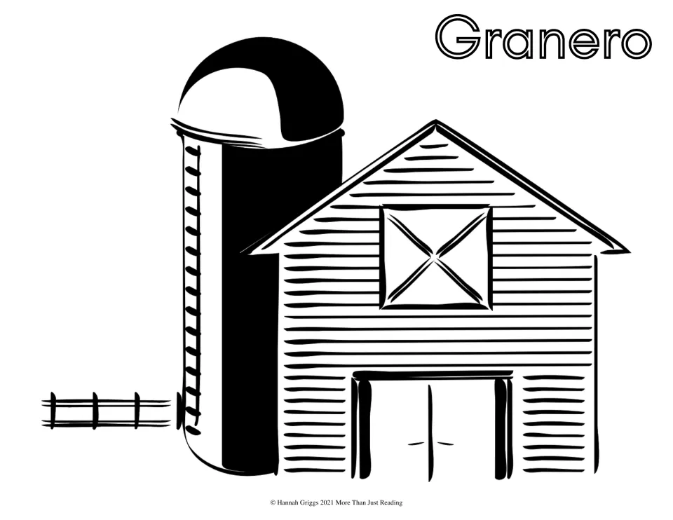 Spanish farm vocabulary coloring page labeled 'Granero' (barn), featuring a barn beside a tall silo