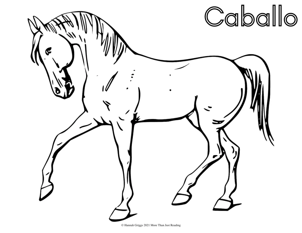 Spanish farm vocabulary coloring page labeled 'Caballo' (horse), featuring a horse raising a front leg