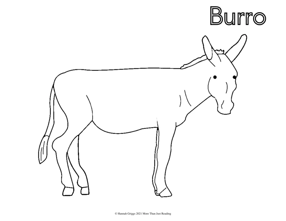 Spanish farm vocabulary coloring page labeled 'Burro' (donkey), featuring a donkey with long, upright ears