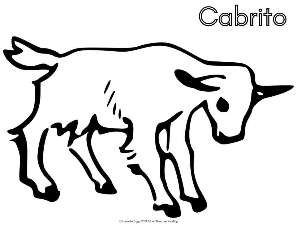 Spanish farm vocabulary coloring page labeled 'Cabrito' (kid), featuring a young goat drawn in bold strokes