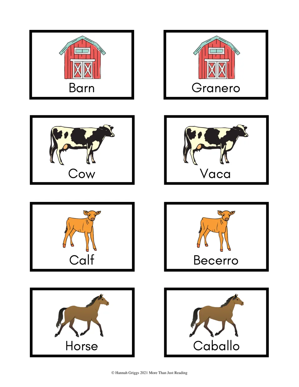 Color vocabulary cards 1–8: granero (barn), vaca (cow), becerro (calf), and caballo (horse), paired in English