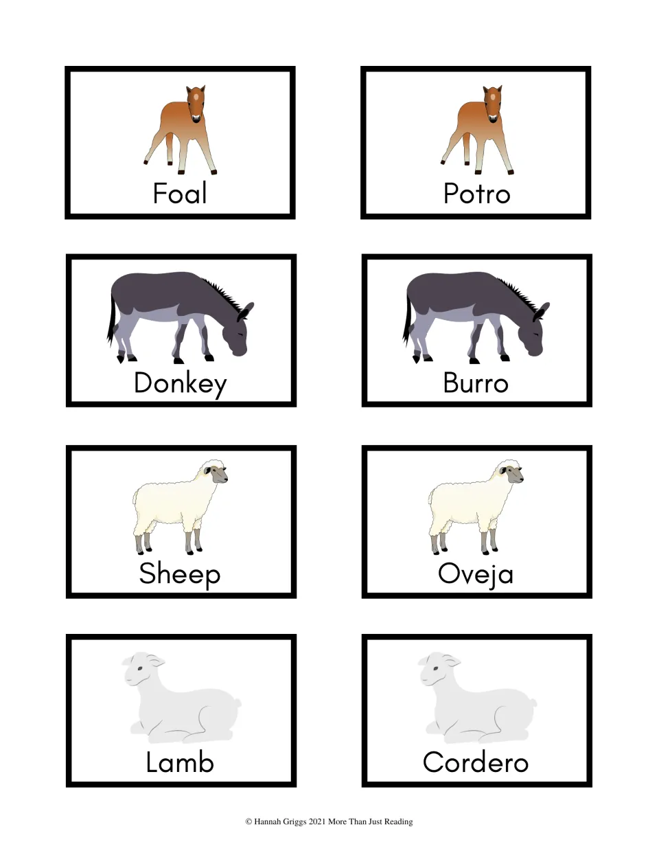 Color vocabulary cards 9–16: potro (foal), burro (donkey), oveja (sheep), and cordero (lamb), paired in English