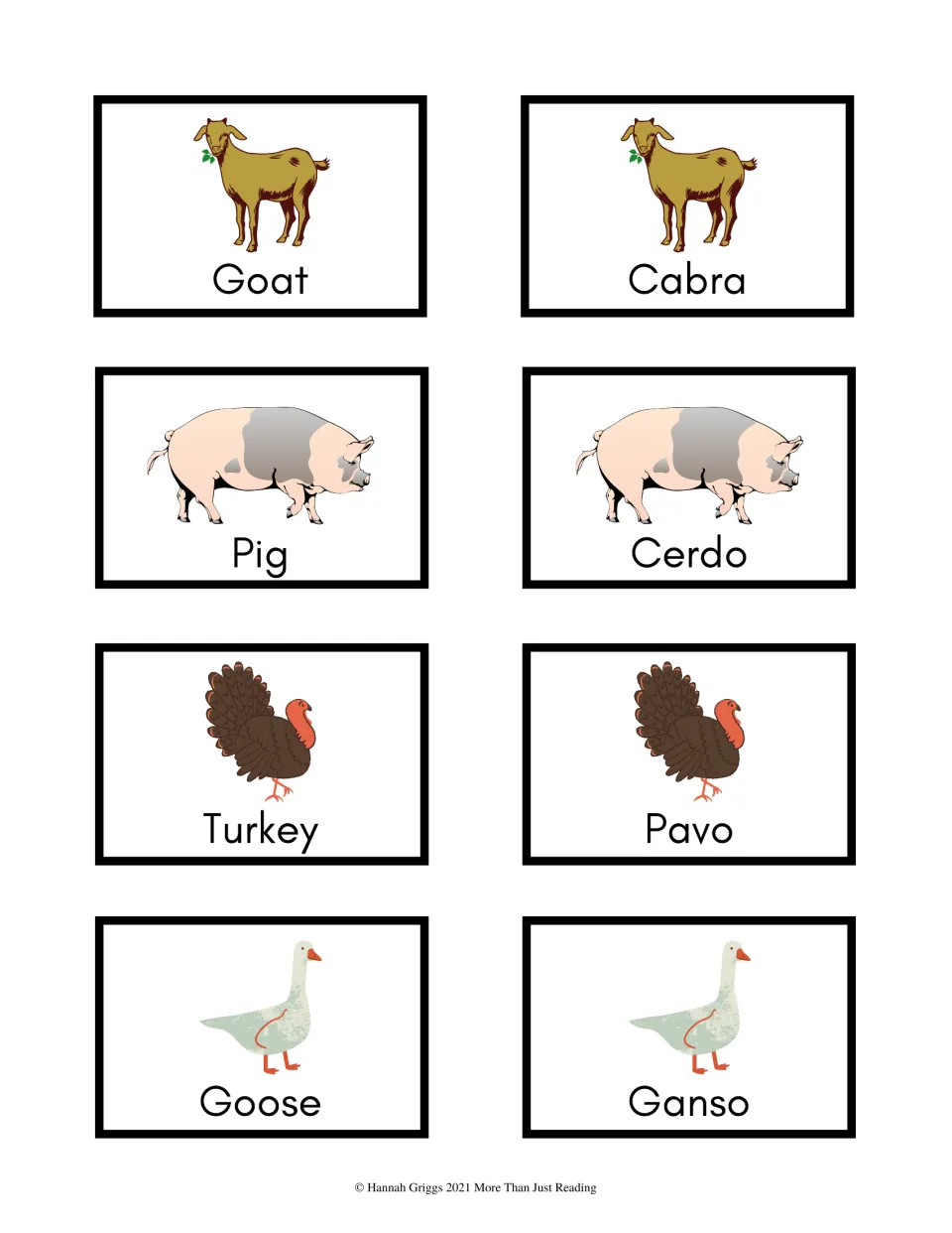 Color vocabulary cards 17–24: cabra (goat), cerdo (pig), pavo (turkey), and ganso (goose), paired in English