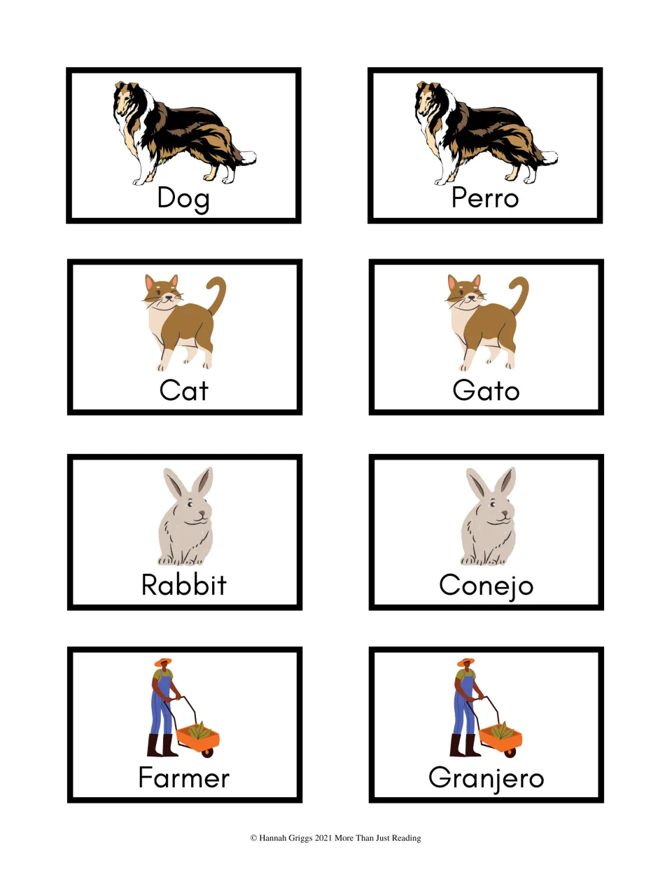 Color vocabulary cards 33–40: perro (dog), gato (cat), conejo (rabbit), and granjero (farmer), with English pairs