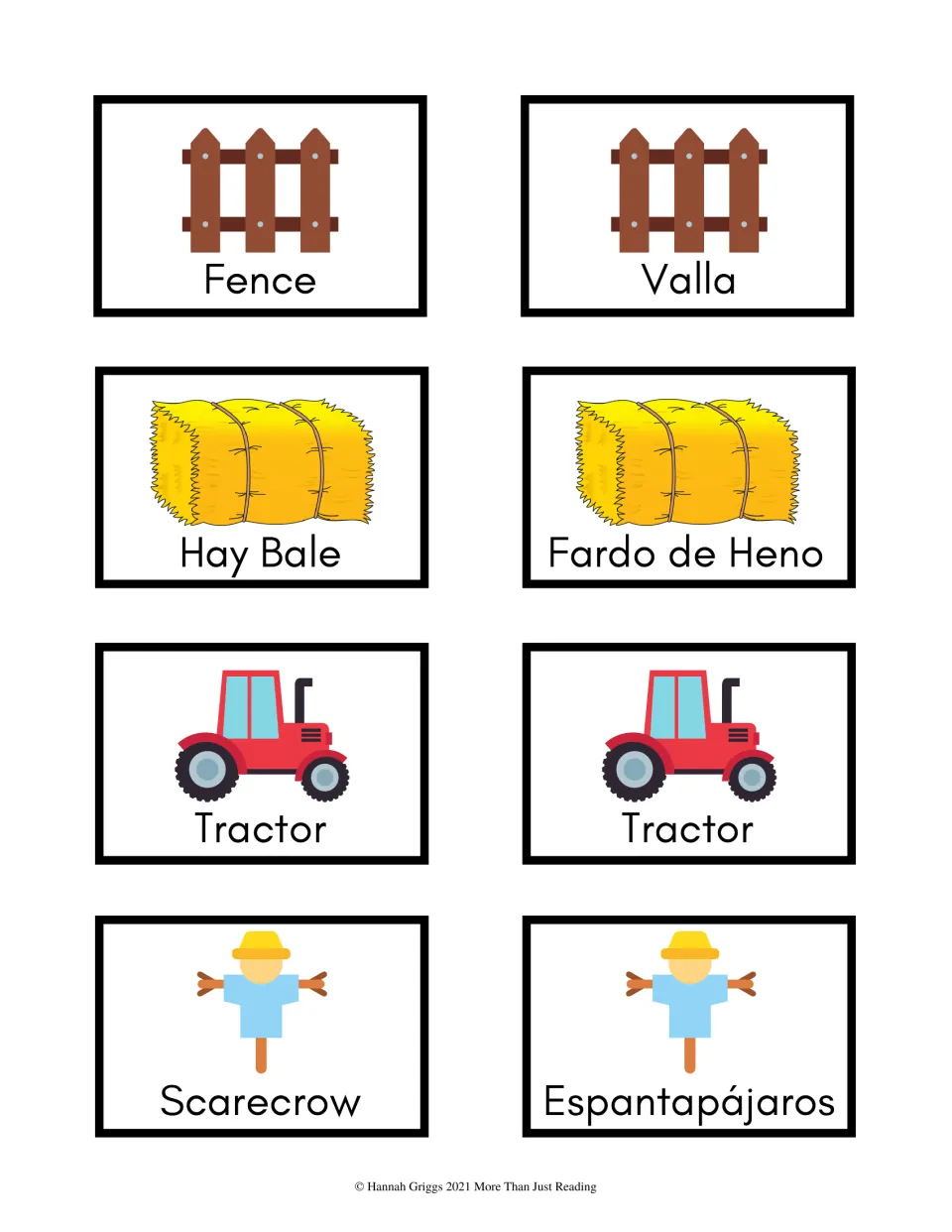 Color vocabulary cards 41–48 pair English and Spanish words for fence, hay bale, tractor, and scarecrow