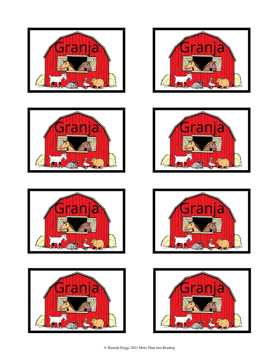 Eight matching color card backs labeled 'Granja' (farm), showing a barn and animals for the vocabulary deck