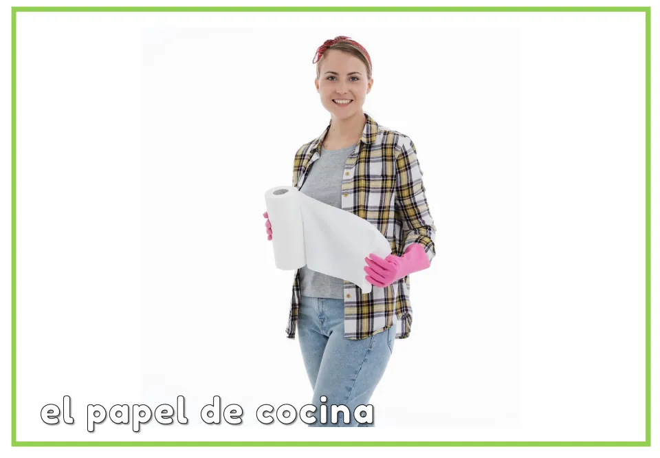 Labeled Spanish vocabulary flashcard showing a woman holding paper towels: el papel de cocina (paper towels)