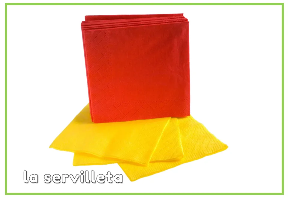 Labeled Spanish hygiene vocabulary flashcard showing red and yellow napkins: la servilleta (napkin)