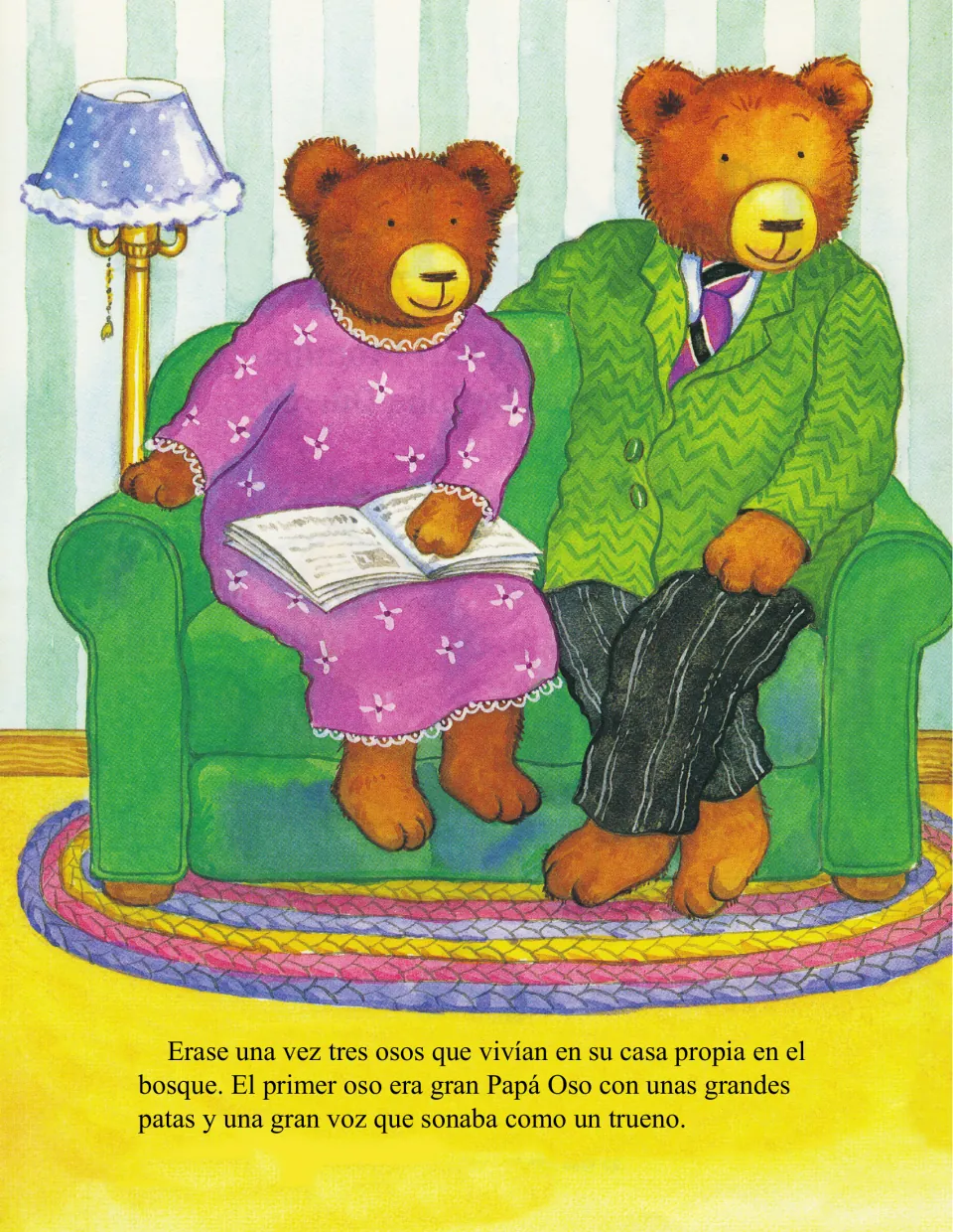 Story page 1: 'Erase una vez tres osos' (Once upon a time three bears) introduces Papá Oso and his big voice