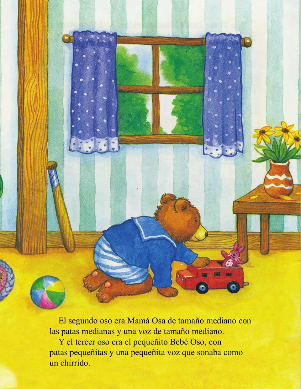 Story page 2: Mamá Osa (medium-sized) and little Bebé Oso are introduced; Bebé Oso plays with a toy truck