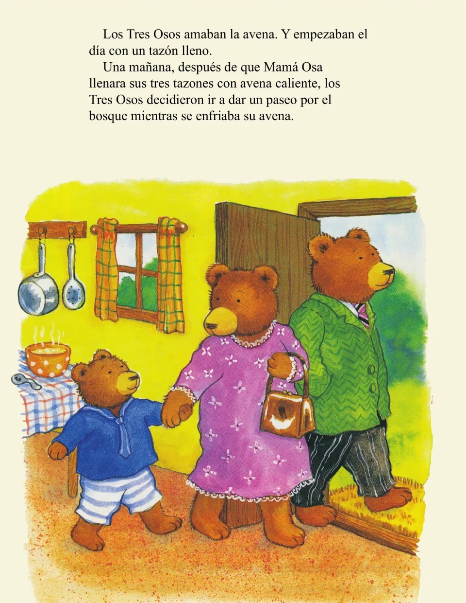 Story page 3: the bears love avena (oatmeal) and go for a walk in the woods while their bowls cool