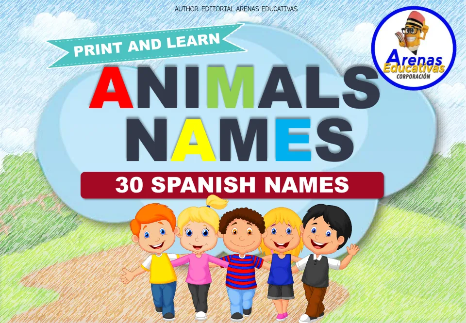 Cover of the Spanish animal matching game, headed 'Animals Names' and advertising '30 Spanish Names'