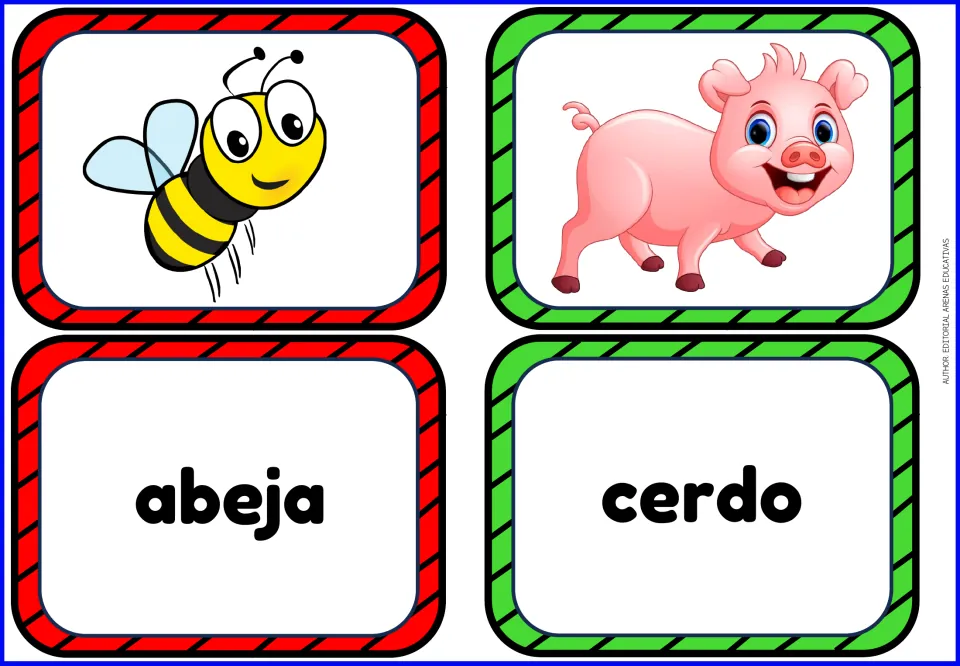 Spanish animal matching cards: abeja (bee) and cerdo (pig), with a separate picture card for each animal