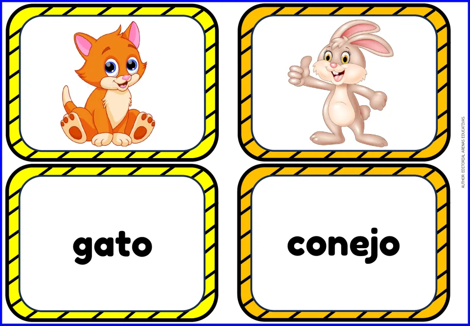 Spanish animal matching cards: gato (cat) and conejo (rabbit), with separate pictures of both animals