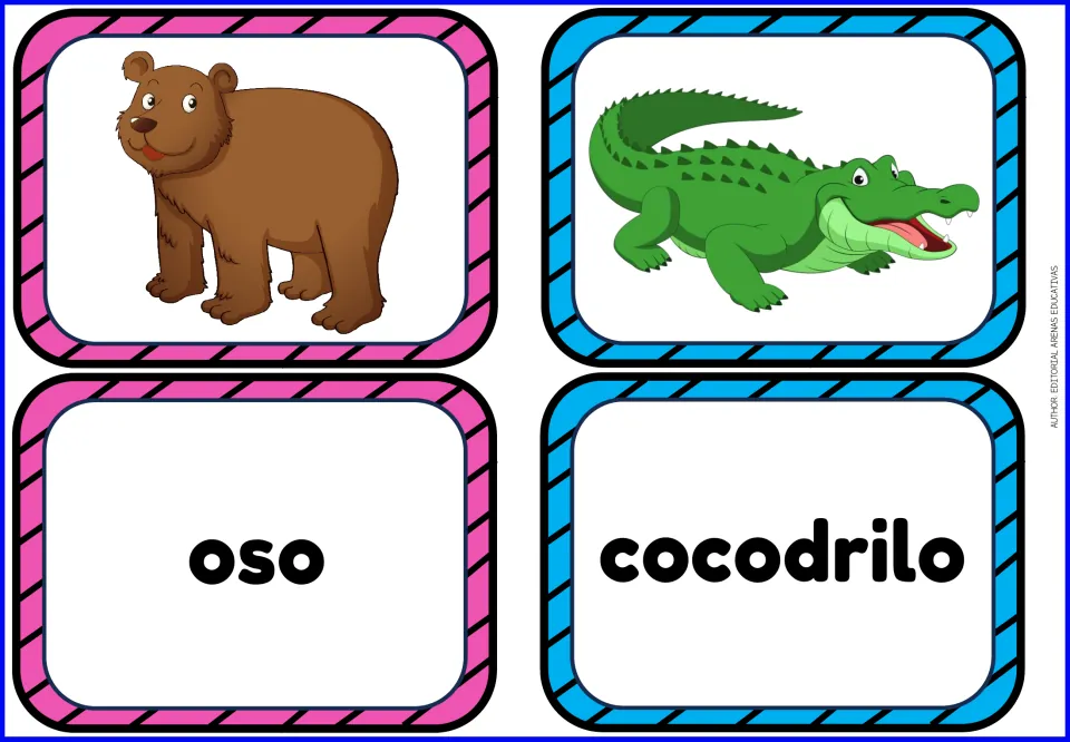 Spanish animal matching cards: oso (bear) and cocodrilo (crocodile), with a picture card for each animal