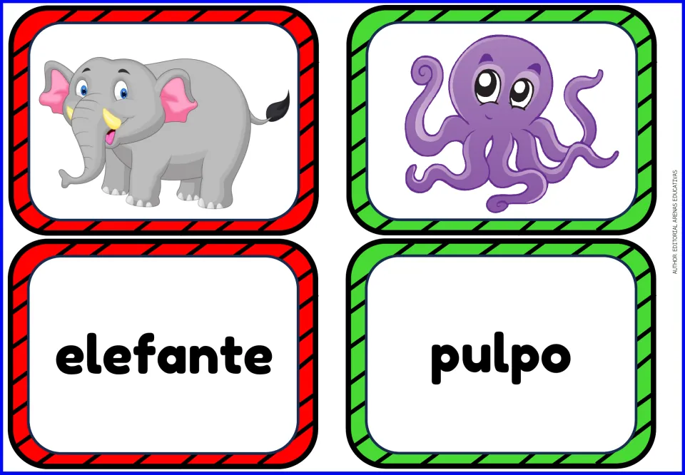 Spanish animal matching cards: elefante (elephant) and pulpo (octopus), with separate animal pictures