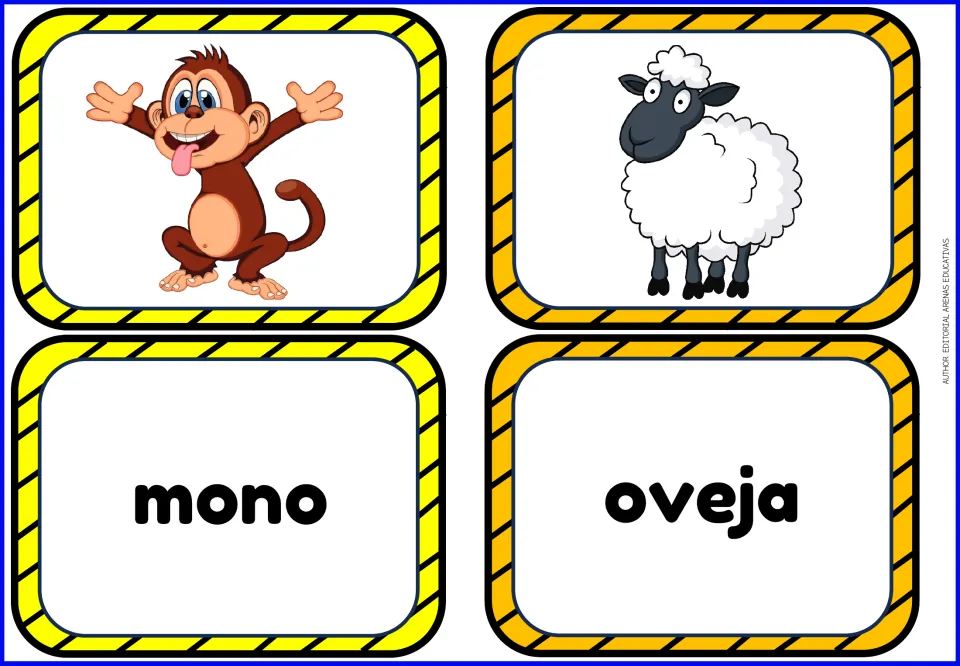 Spanish animal matching cards: mono (monkey) and oveja (sheep), with a separate picture card for each