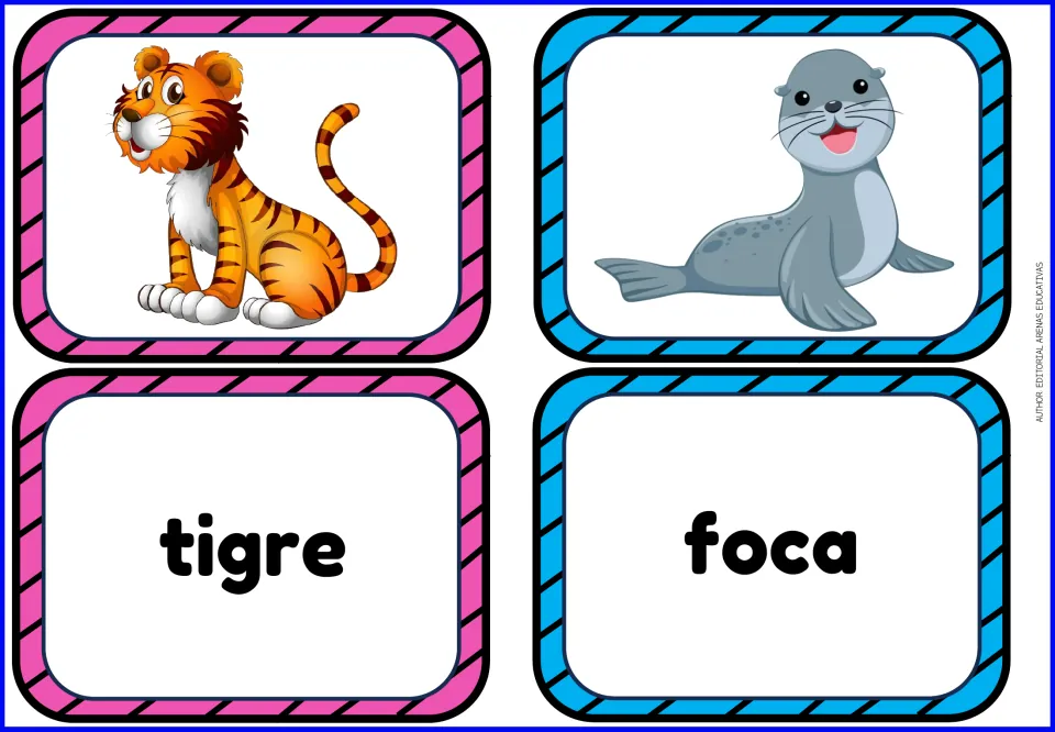 Spanish animal matching cards: tigre (tiger) and foca (seal), with a separate picture card for each