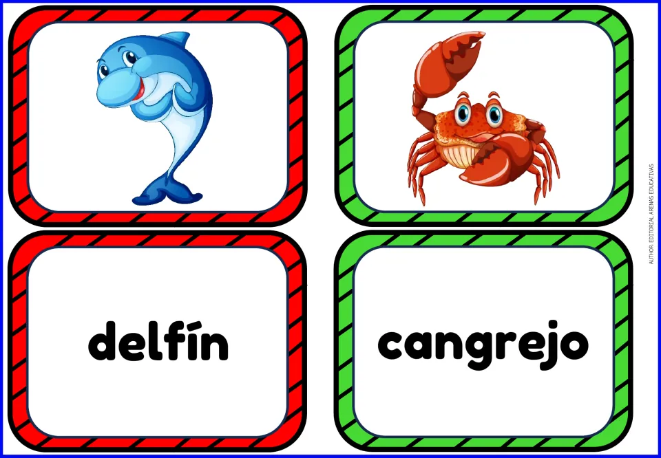Spanish animal matching cards: delfín (dolphin) and cangrejo (crab), with separate pictures of both animals