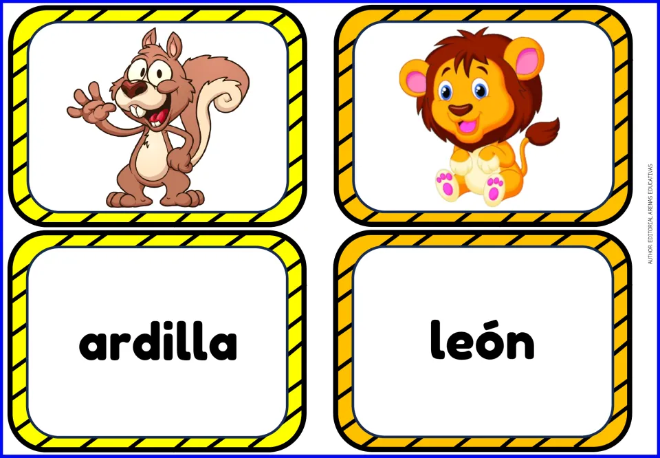 Spanish animal matching cards: ardilla (squirrel) and león (lion), with a picture card for each animal