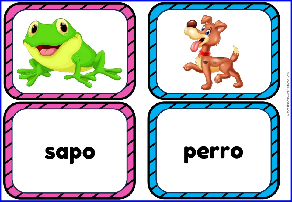 Spanish animal matching cards: sapo (toad) and perro (dog), with a separate picture card for each animal